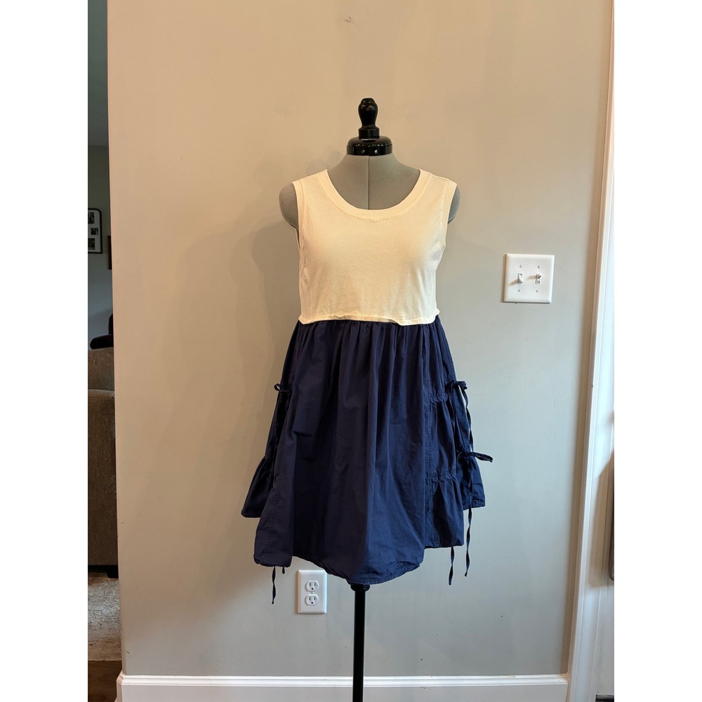 Idem Ditto Navy Cream Mixed Media Tiered Side Tie Mini Dress Small